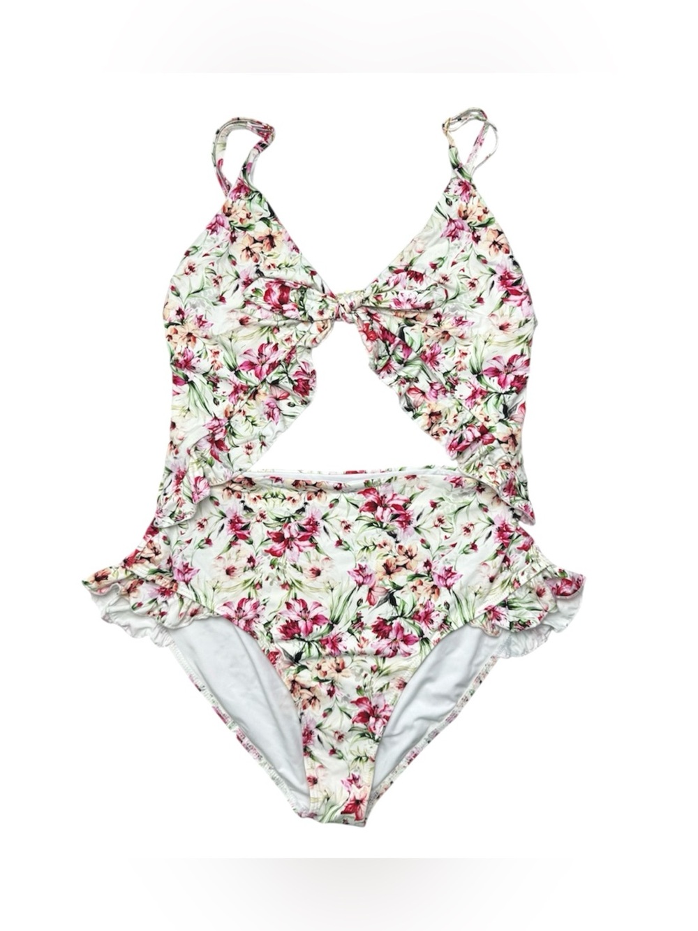 Palms Away Boutique Floral Ruffle Swimsuit White Pink L